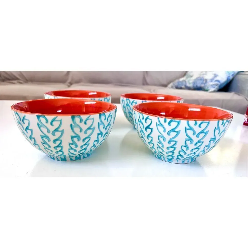 BAUM TANGIER 4- Soup Bowls Turqoise Orange Stoneware Dinnerware Discontinued